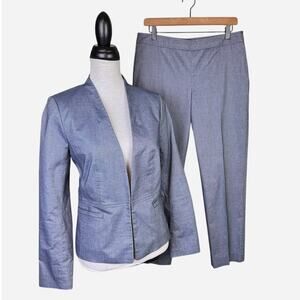 Talbots Shiny Chambray Blue Collarless Blazer Ankle Pant Suit 2 Piece Set